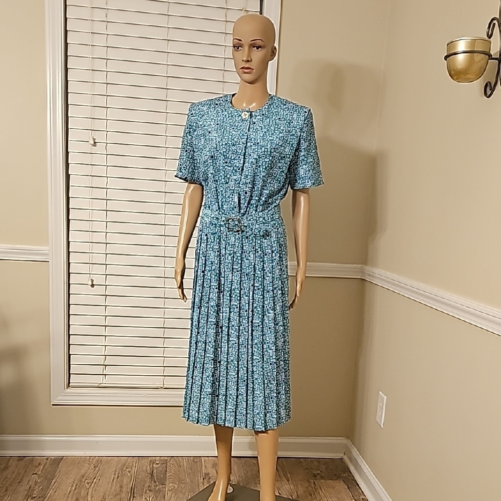 Blue Patterned Pleated Dress